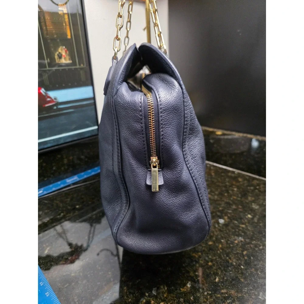 Tory Burch Link-Chain Shoulder Tote Bag Navy Blue Pebbled Leather Gold Large